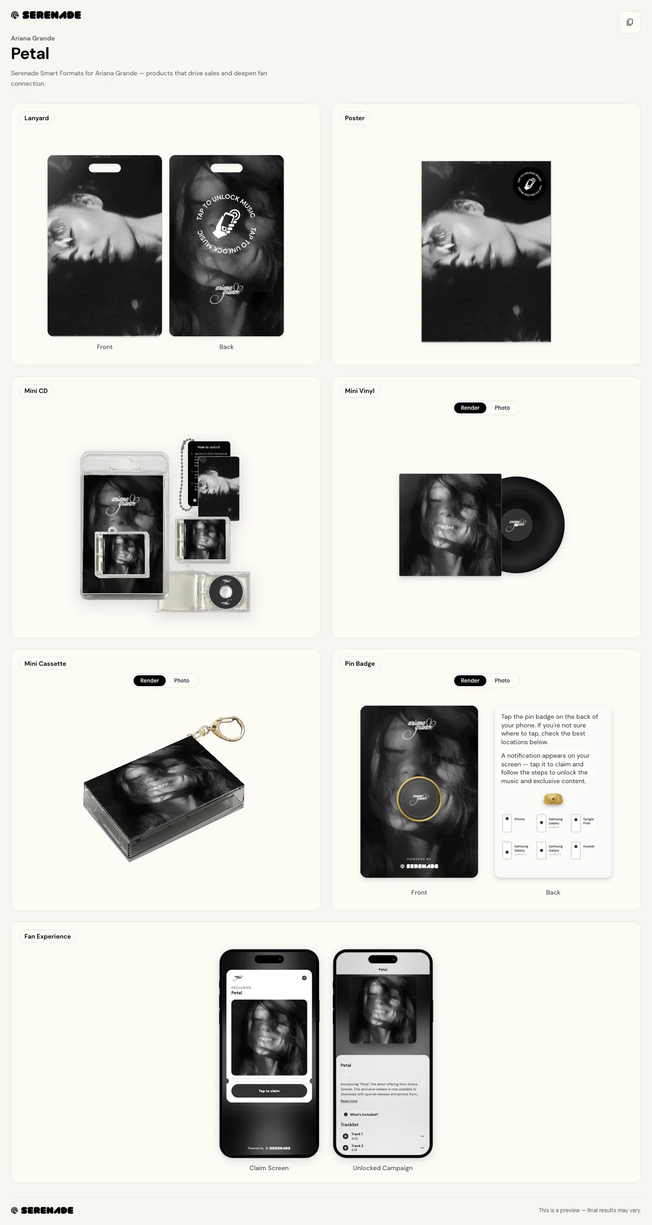 Serenade Studio previewing an Ariana Grande campaign for Petal — lanyard, poster, Mini CD, Mini Vinyl, Mini Cassette, pin badge and the Fan Experience